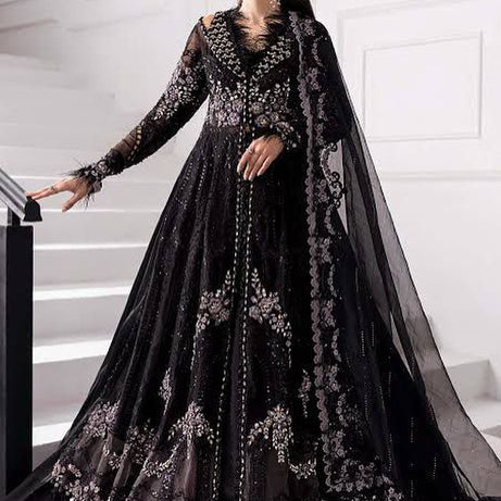 3 PIECE UNSTITCHED EMBROIDERED ORGANZA MC BLACK