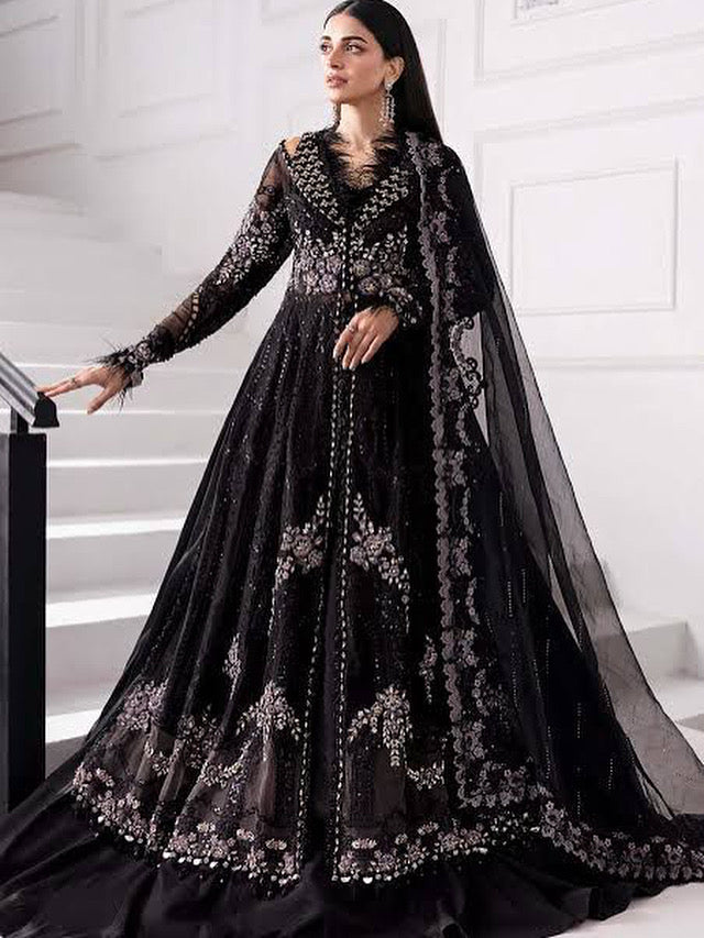 3 PIECE UNSTITCHED EMBROIDERED ORGANZA MC BLACK