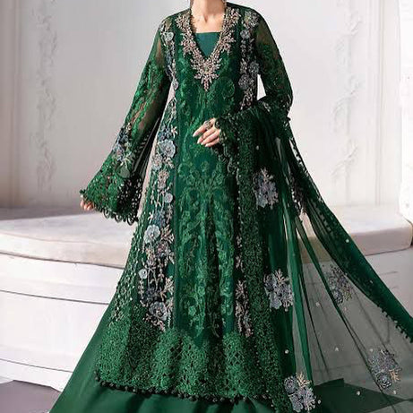 PIECE UNSTITCHED EMBROIDERED CHIFFON SUIT | BD-3008 EMERALD GREEN MC