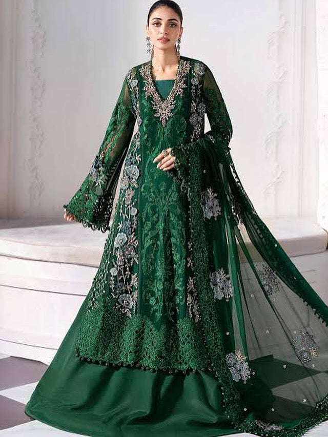 PIECE UNSTITCHED EMBROIDERED CHIFFON SUIT | BD-3008 EMERALD GREEN MC